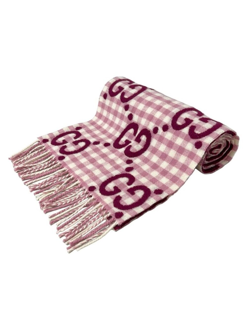 Gucci Shawl Light Pink Ivory Bordeaux Plaid GG Pattern Wool Scarf